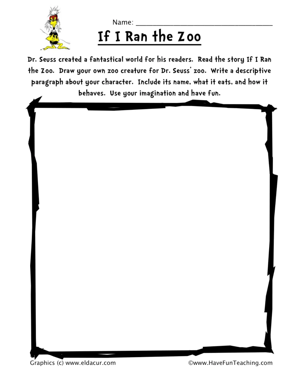 If I Ran the Zoo drawing task: students draw their own Dr. Seuss zoo creature after reading the story