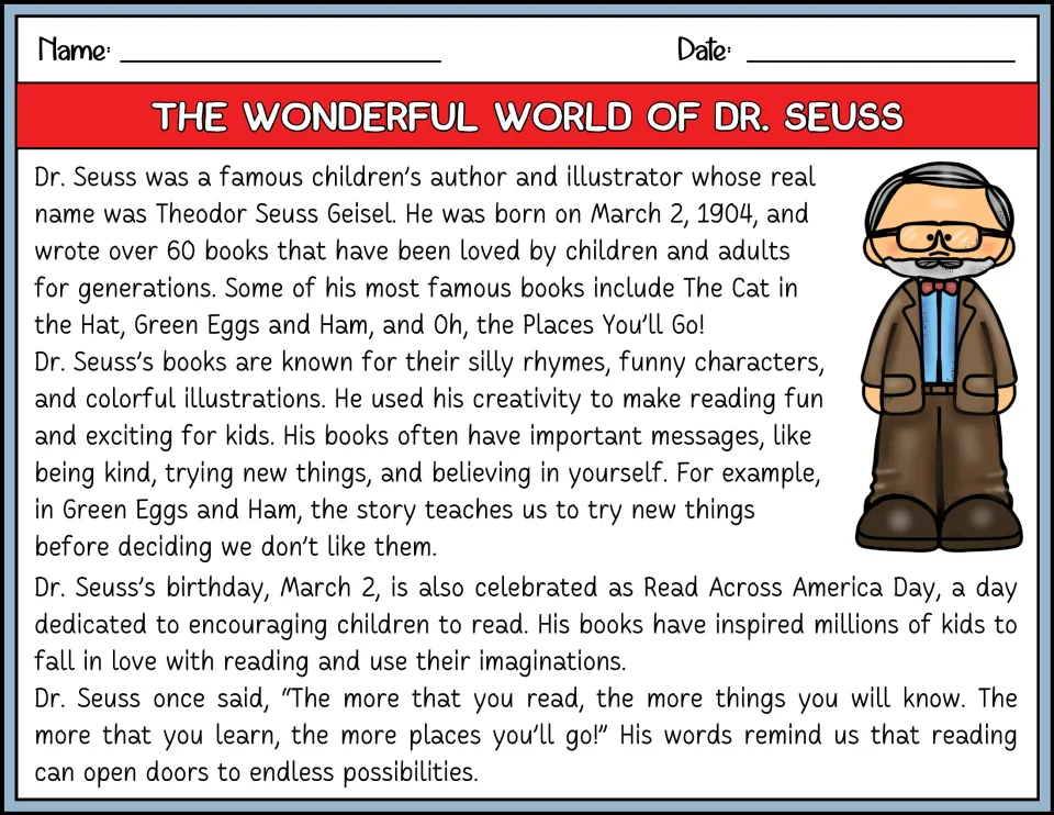 Color reading passage about Dr. Seuss's life, famous books, story lessons, and Read Across America Day