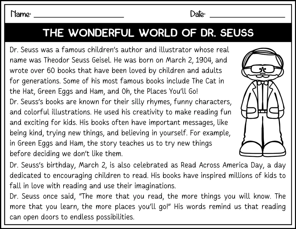 Black-and-white reading passage about Dr. Seuss's birthday, books, rhymes, and messages for readers