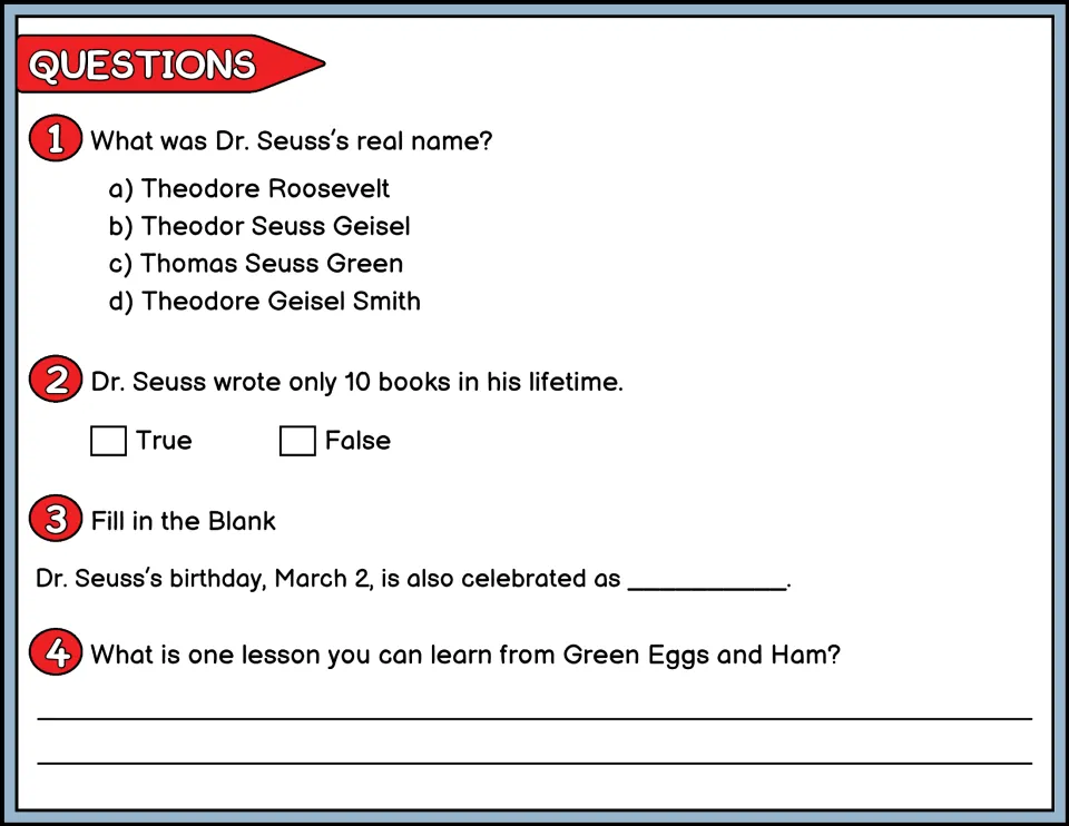 Color questions 1–4 ask about Dr. Seuss's real name, book count, birthday celebration, and a story lesson