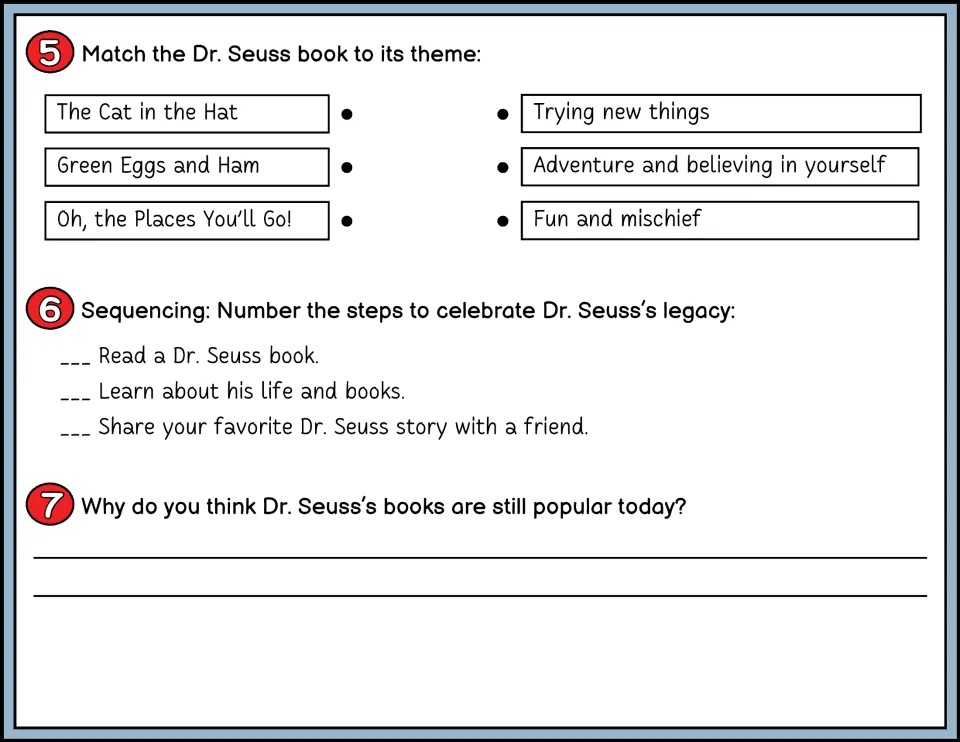 Color questions 5–7 include book-theme matching, sequencing a Dr. Seuss celebration, and explaining popularity