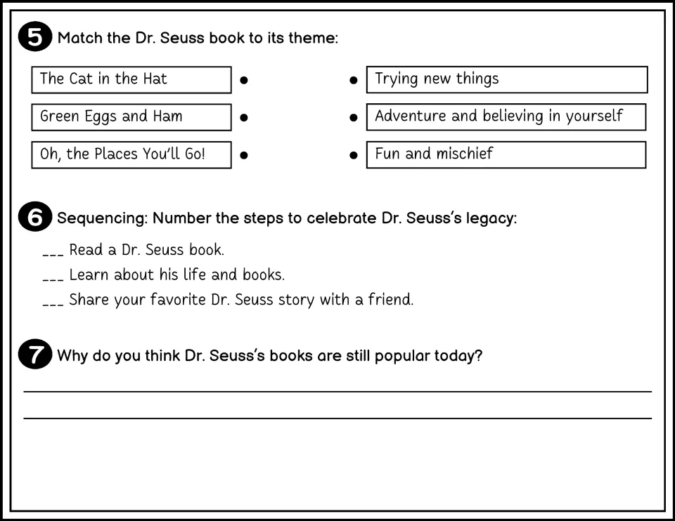 Black-and-white questions 5–7 match Dr. Seuss books to themes, order celebration steps, and ask about popularity