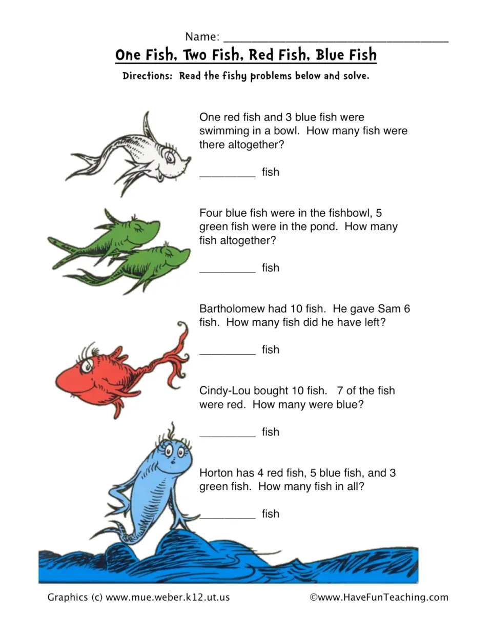 Fish math worksheet: five word problems to solve using 1 + 3, 4 + 5, 10 - 6, 10 - 7, and 4 + 5 + 3.
