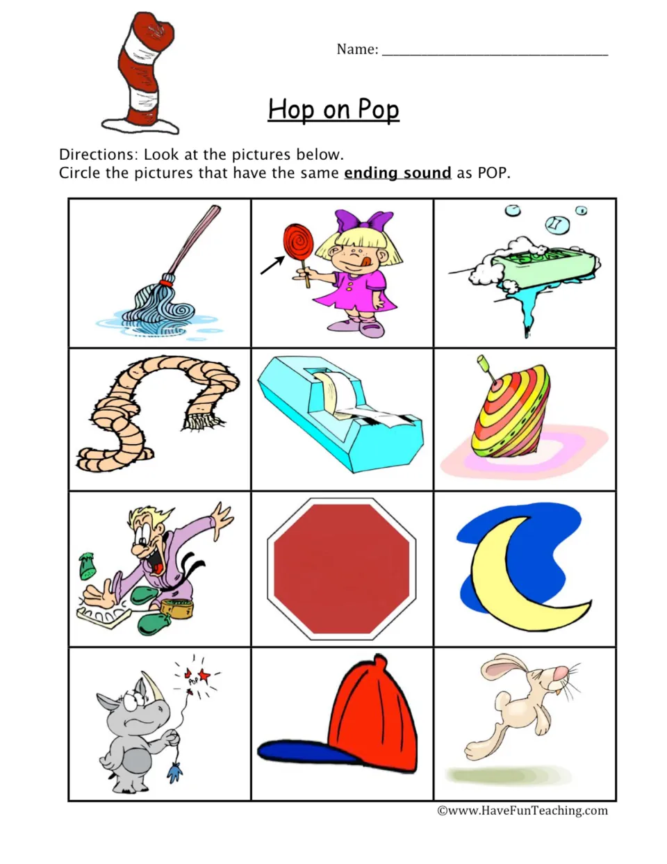 Hop on Pop -op word family: students circle pictures that end like POP, such as mop, top and stop sign