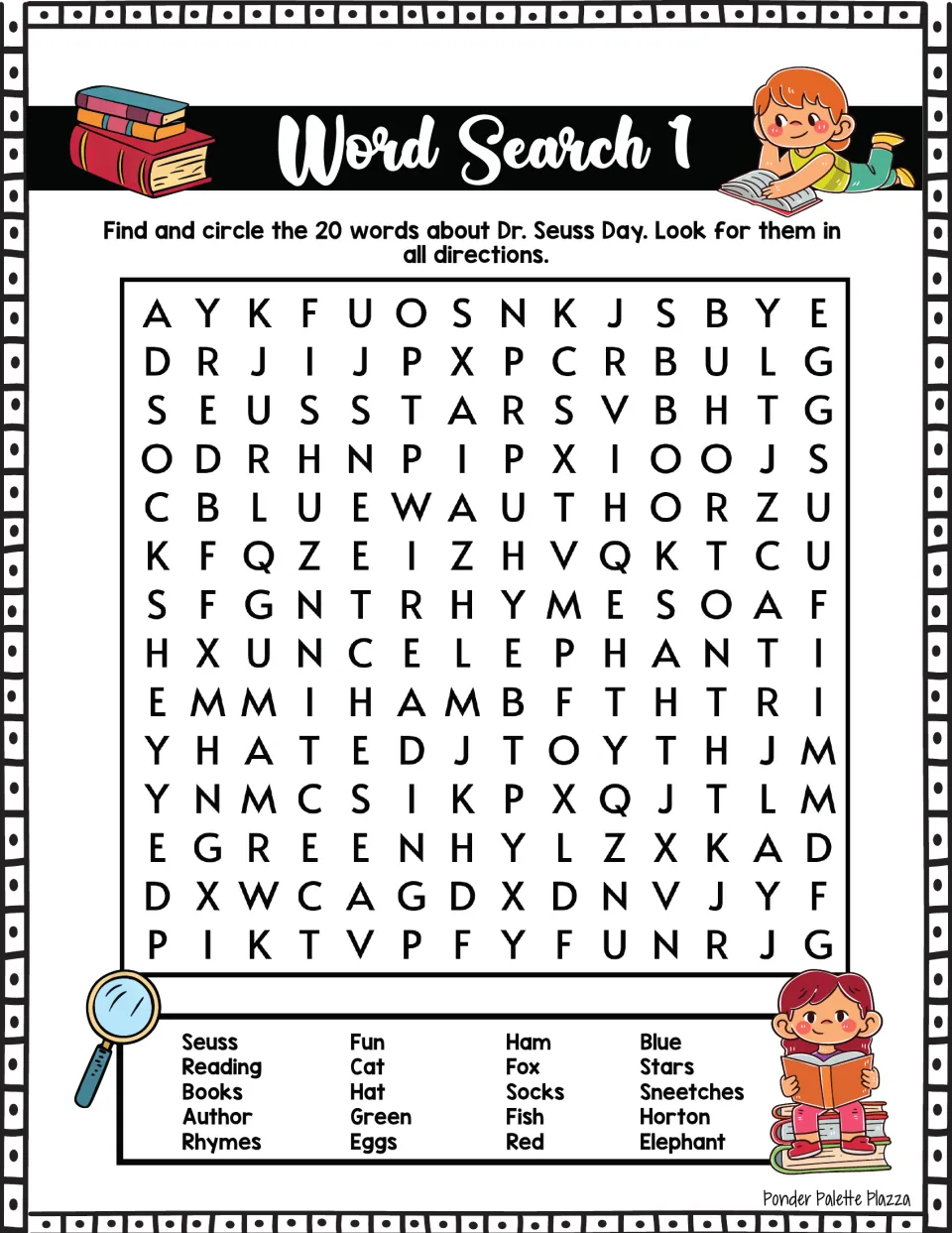 Dr. Seuss Day Word Search 1: students find and circle 20 words such as Horton, Sneetches, Fox, Socks and Ham