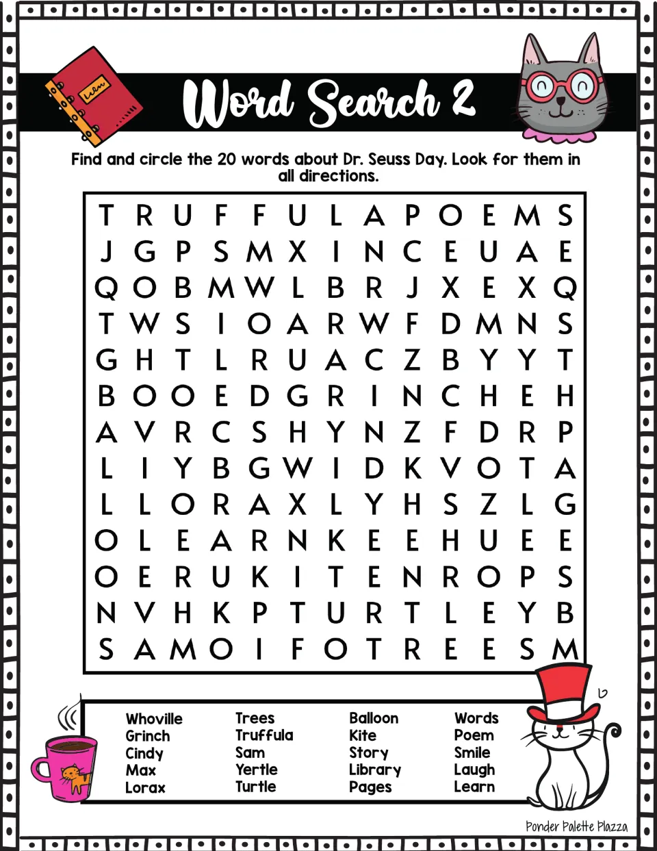 Second Dr. Seuss Day word search: students circle 20 words like Whoville, Grinch, Lorax, Truffula, Yertle and Library