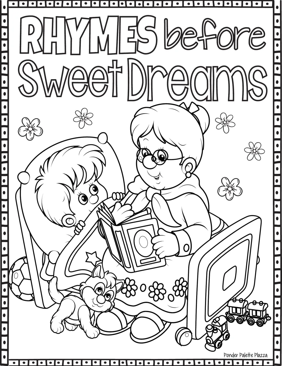 Rhymes Before Sweet Dreams coloring page: a woman in glasses reads a book to a child in bed, with a kitten and toy train