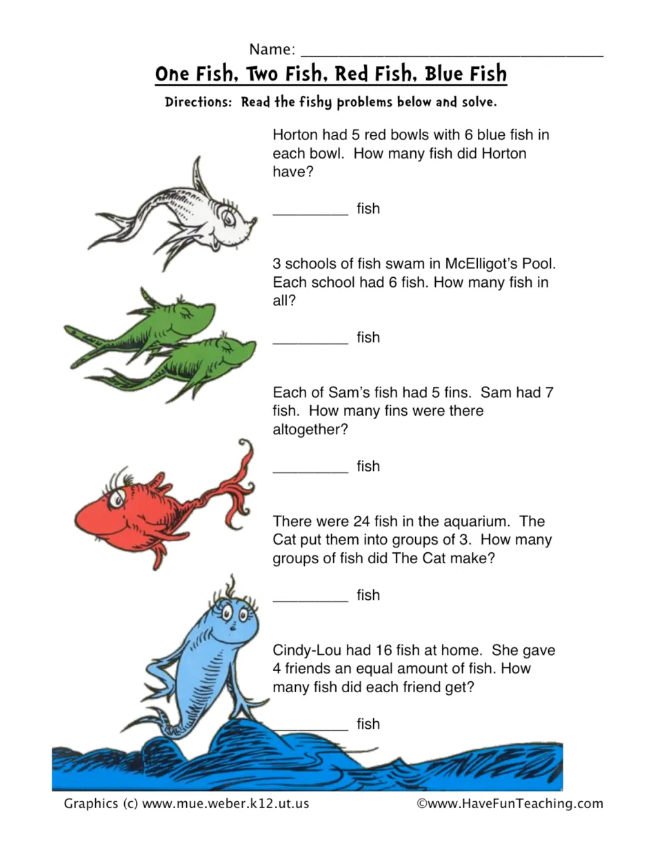 One Fish, Two Fish, Red Fish, Blue Fish: students solve 5 fish word problems using multiplication and division