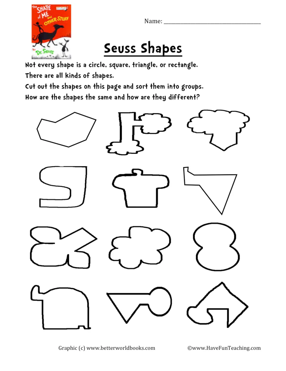 Shape-sorting worksheet: 12 irregular shapes to cut out, sort into groups, and compare for similarities.