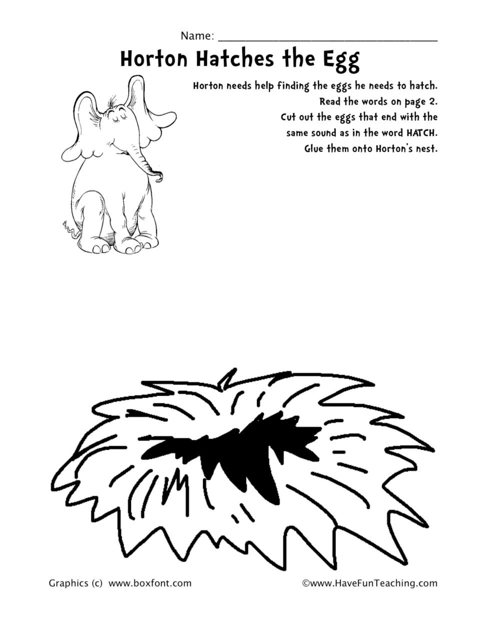 Horton Hatches the Egg word family sort: students cut out and glue eggs whose words end like HATCH onto Horton's nest