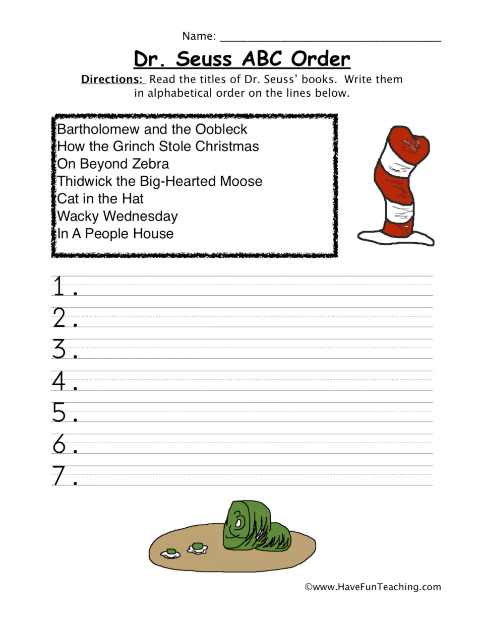 Alphabetical order practice: sort seven Dr. Seuss titles, including Cat in the Hat and Wacky Wednesday.