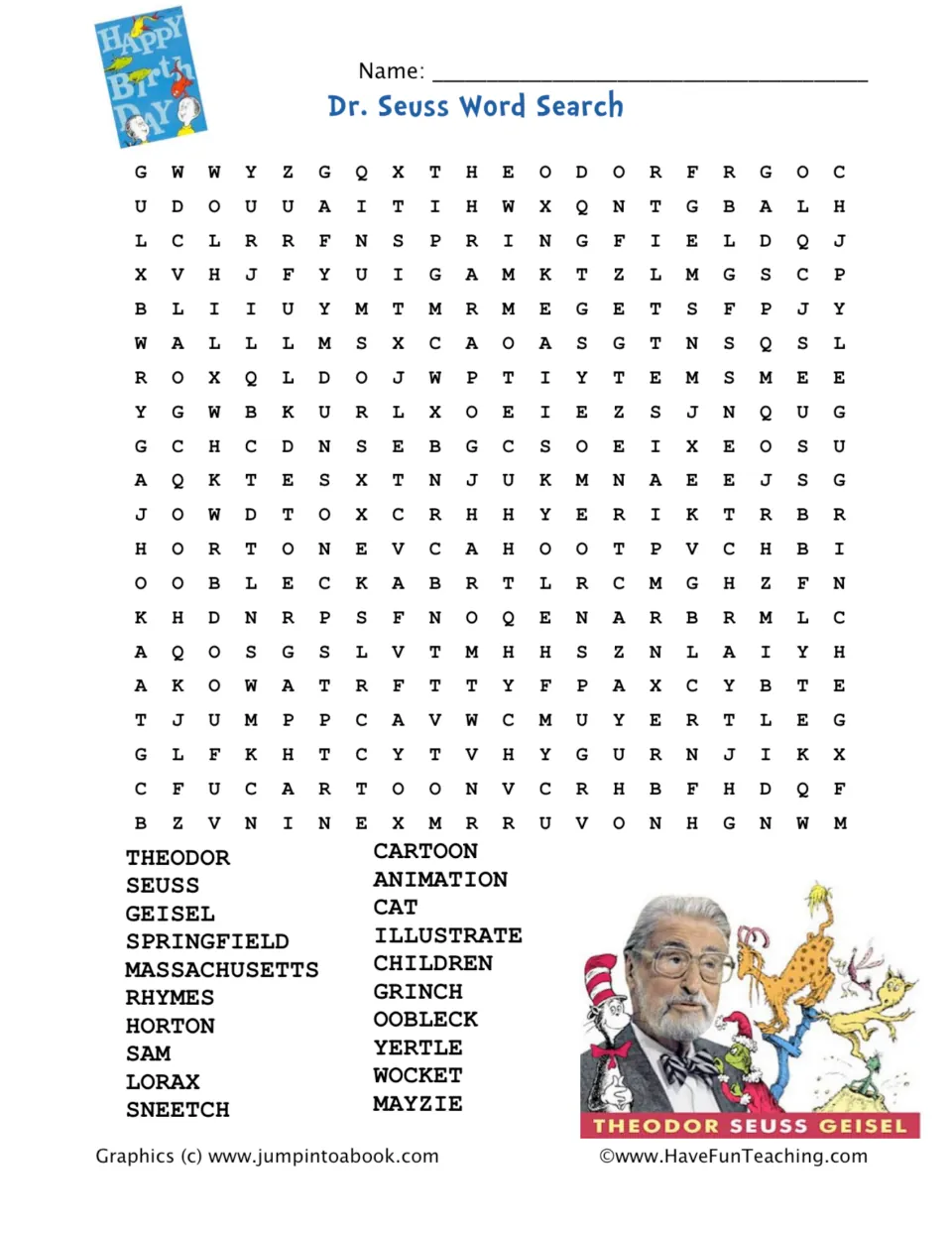 Theodor Seuss Geisel word search: students find 20 words like Springfield, Grinch, Lorax, Horton and Oobleck