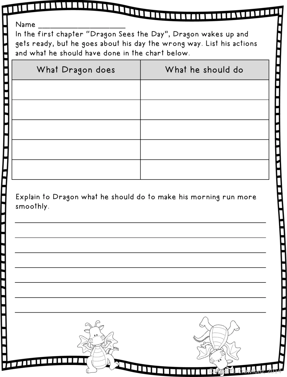 Chapter 1, Dragon Sees the Day: students list what Dragon does and what he should do, then explain a smoother morning