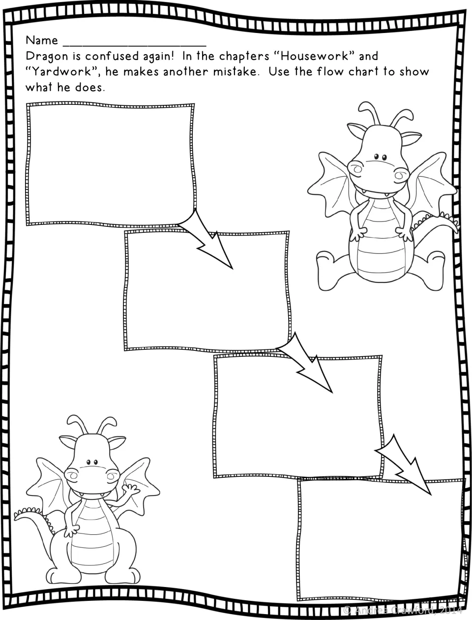 Housework and Yardwork chapters: students sequence Dragon's mistake in a four-step flow chart of story events