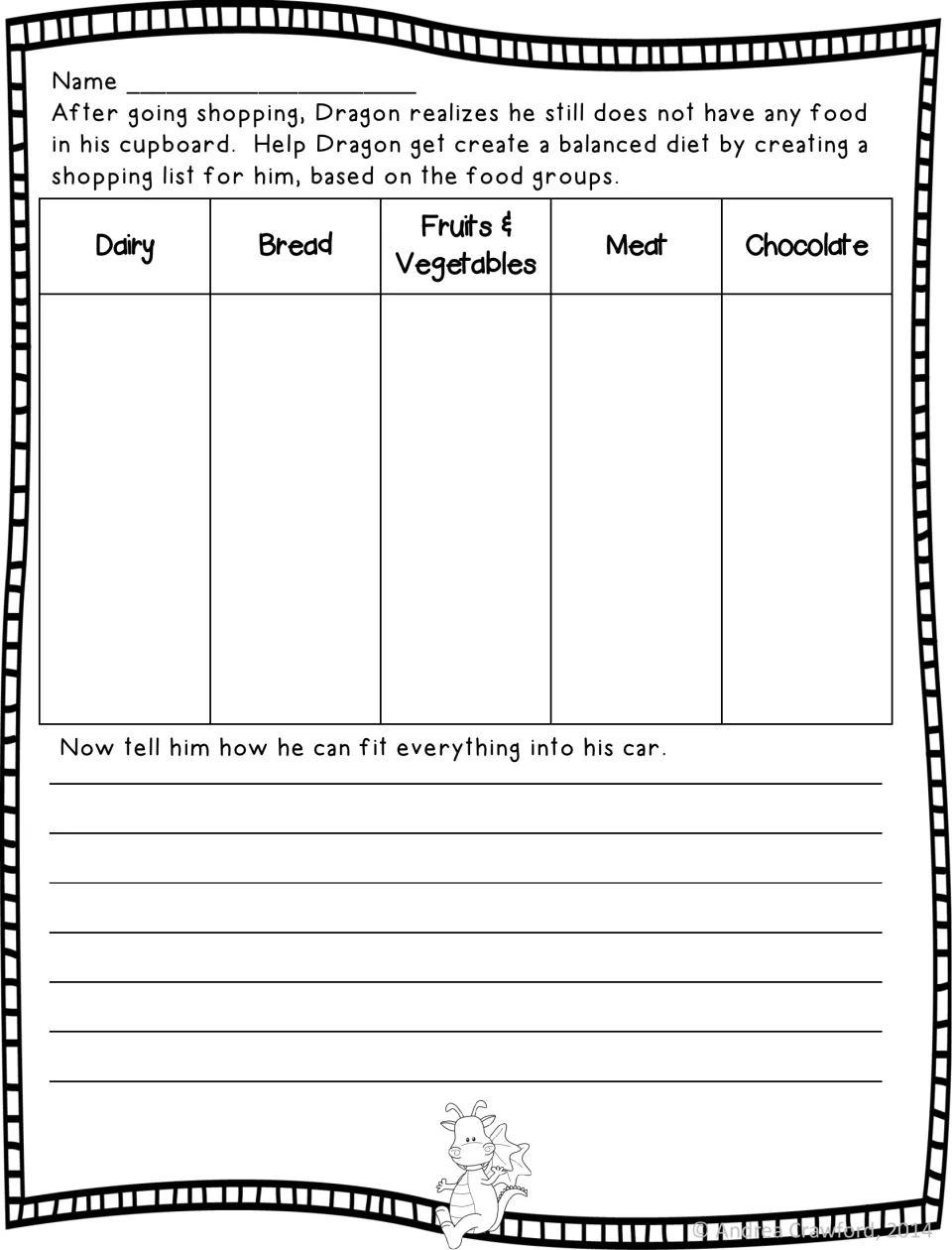 Shopping chapter: students plan a balanced diet list under dairy, bread, fruits and vegetables, meat and chocolate