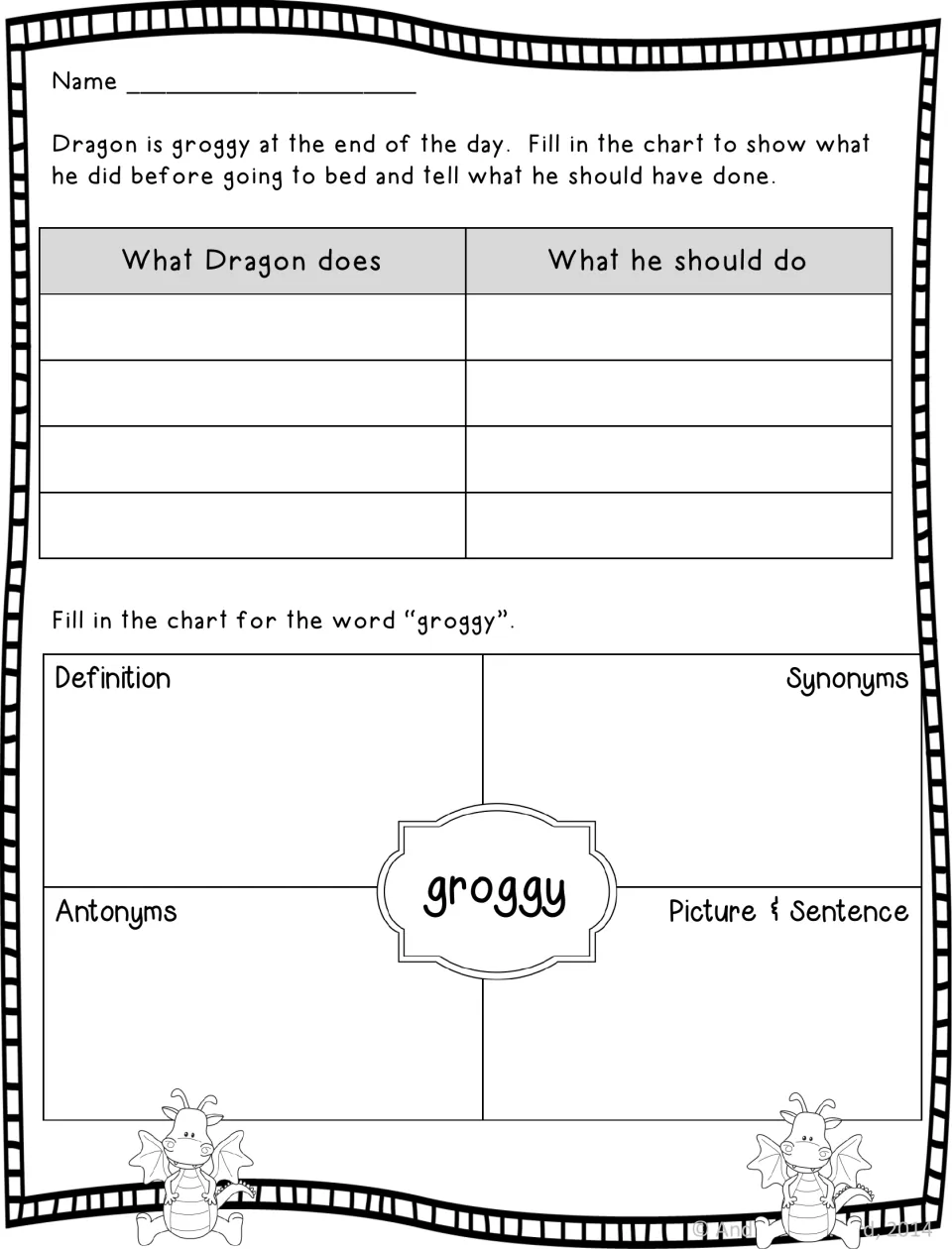 End of the day: students chart Dragon's bedtime choices and better ones, then map groggy with synonyms and antonyms