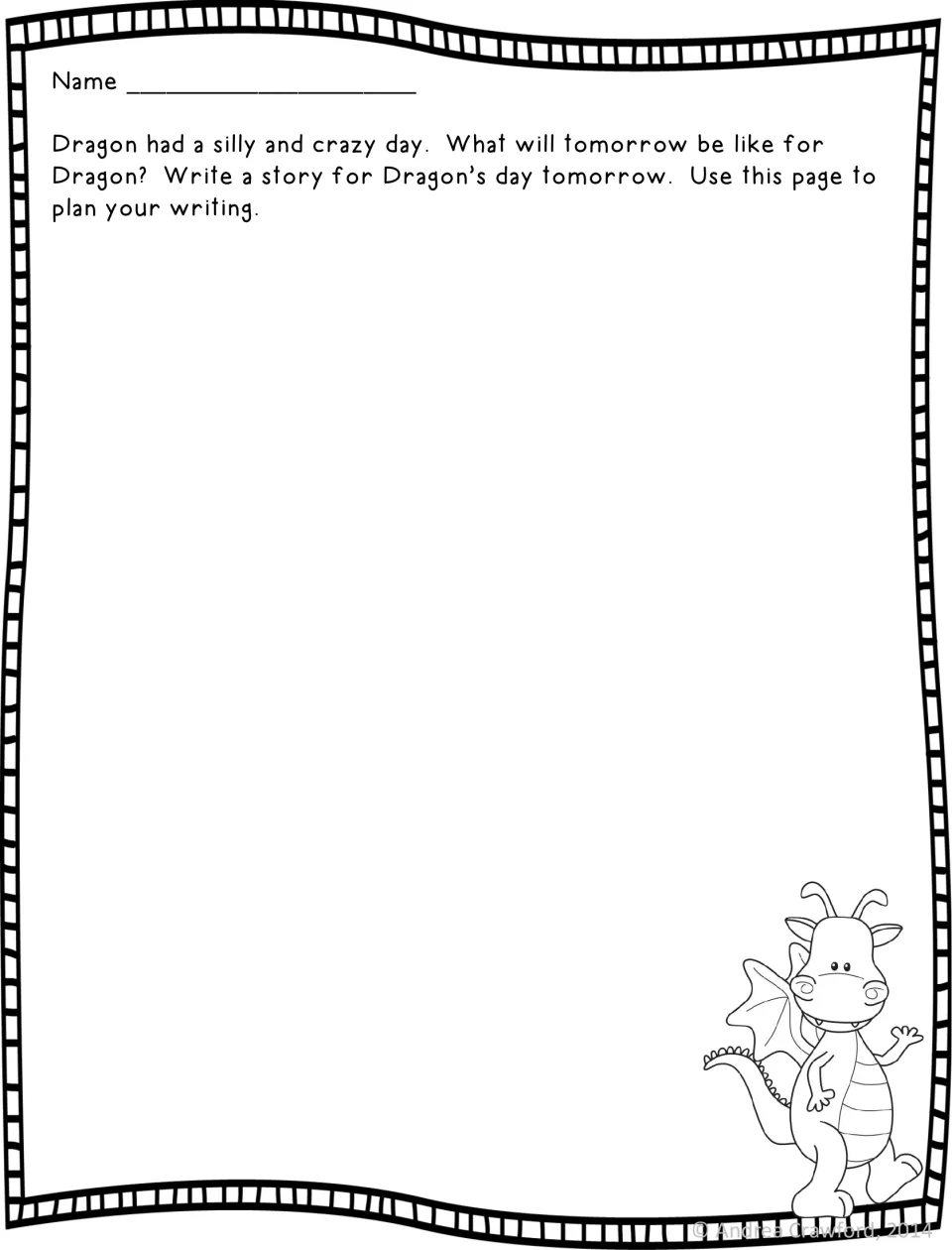 Narrative writing plan: students brainstorm a story about what Dragon's day tomorrow will be like after his silly day