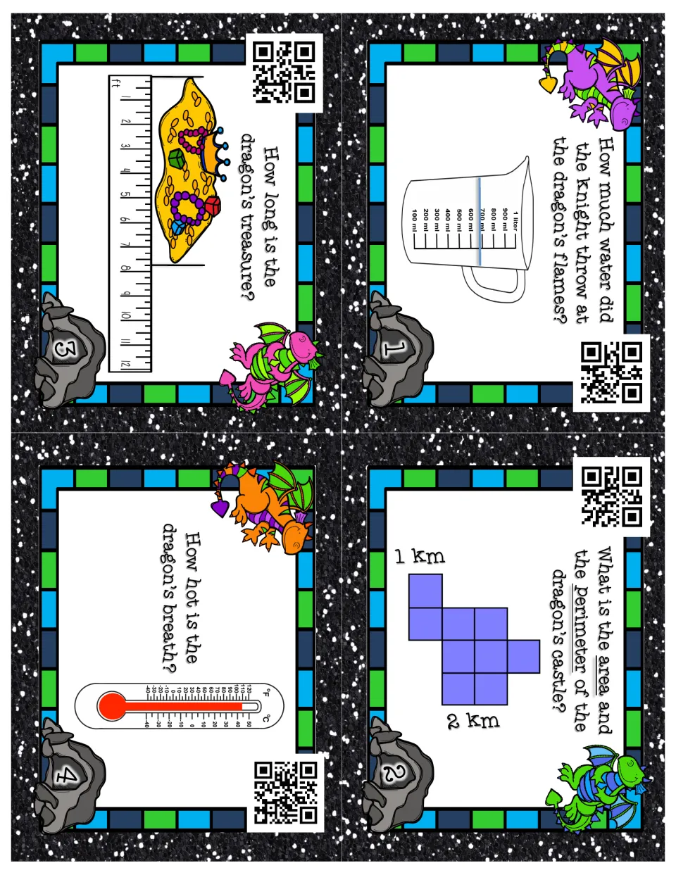 Measurement cards 1–4: read water volume, find castle area and perimeter, measure treasure, and read temperature