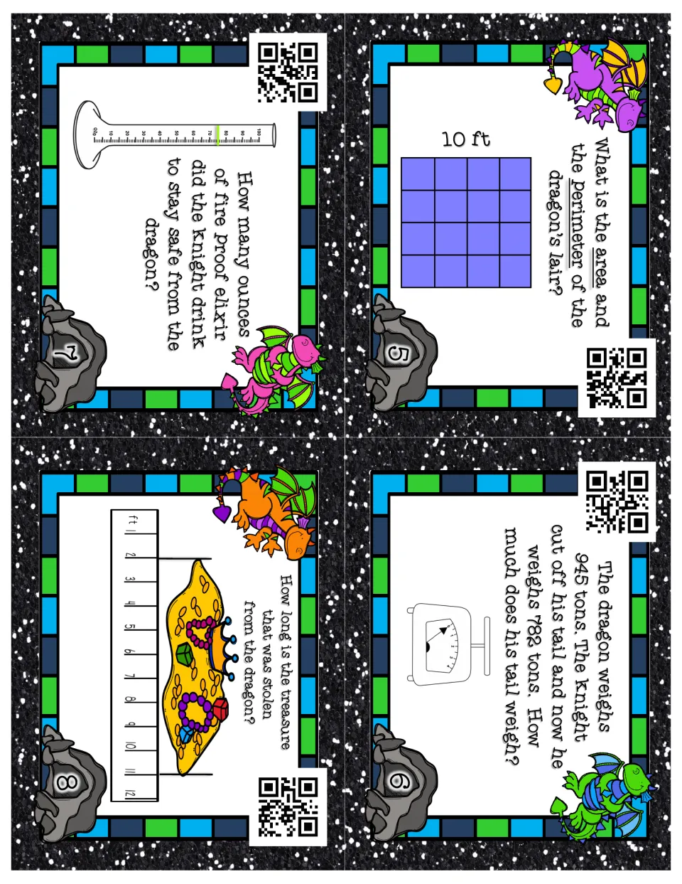 Measurement cards 5–8: find lair area and perimeter, subtract tail weight, read elixir ounces, and measure treasure