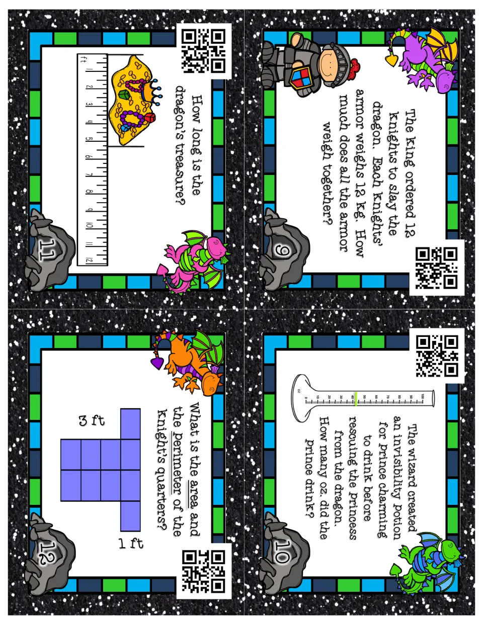 Measurement cards 9–12: total armor weight, read potion ounces, measure treasure, and find quarters area and perimeter