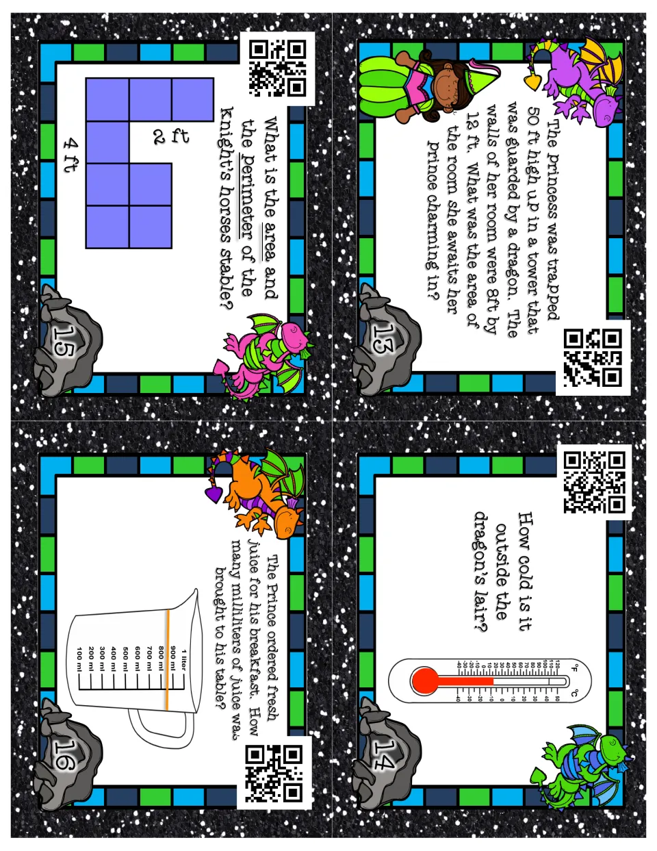 Measurement cards 13–16: find room area, read outdoor temperature, find stable area and perimeter, and read juice volume