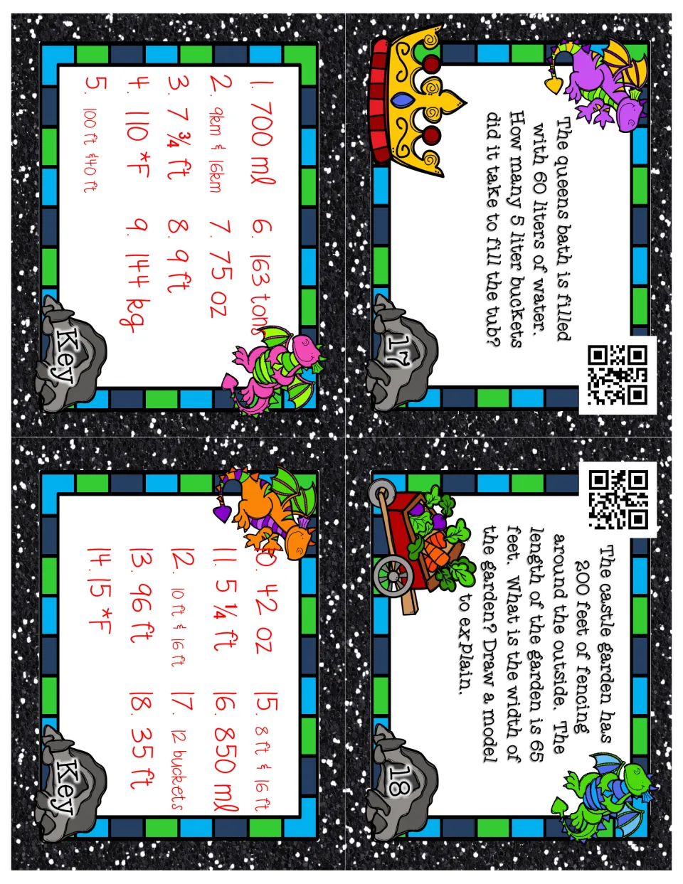 Measurement cards 17–18 ask about 5-liter bath buckets and garden width; two key cards list answers 1–18