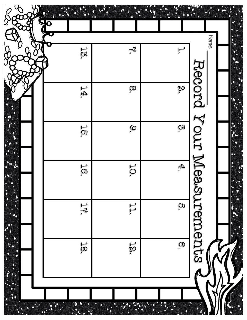 Student recording sheet titled 'Record Your Measurements' with a name space and numbered responses for cards 1–18