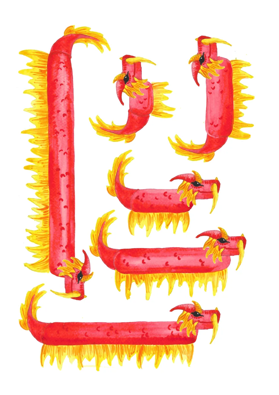 Dragon measuring sheet with six red and yellow dragons of different lengths for inch and centimeter measurement