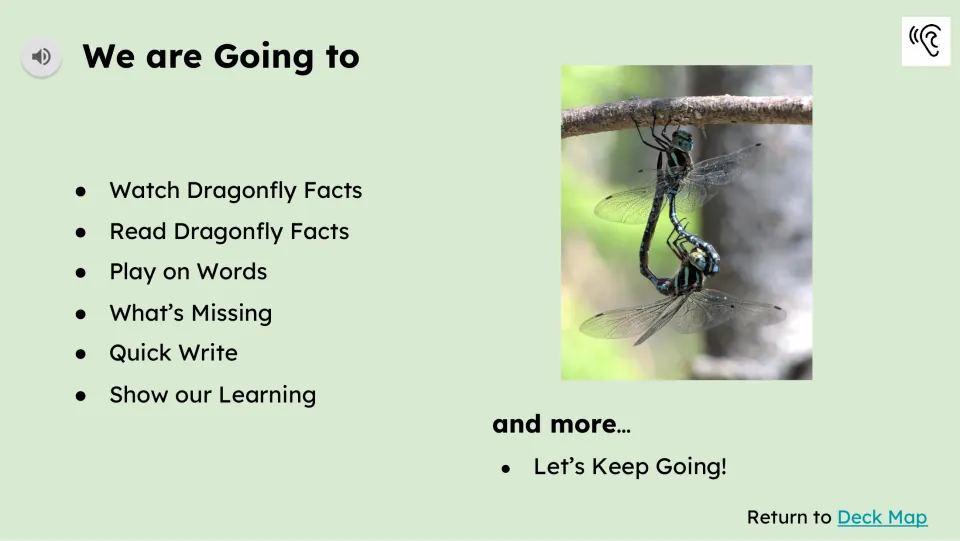 Activity agenda lists watching, reading, Play on Words, What’s Missing, Quick Write, and Show our Learning