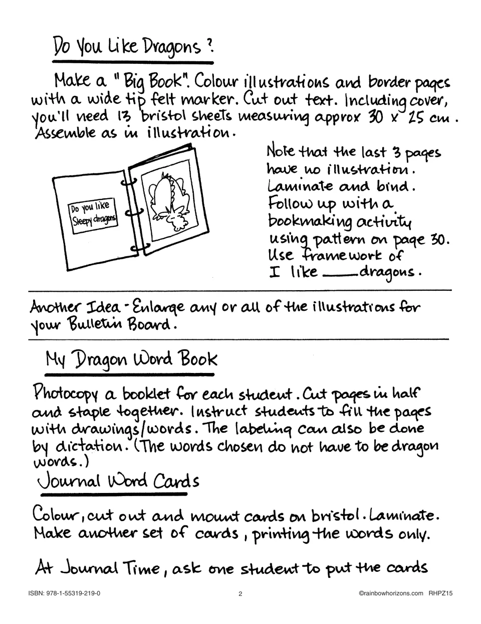 Teacher directions explain assembling the dragon Big Book, making student word books, and preparing word cards