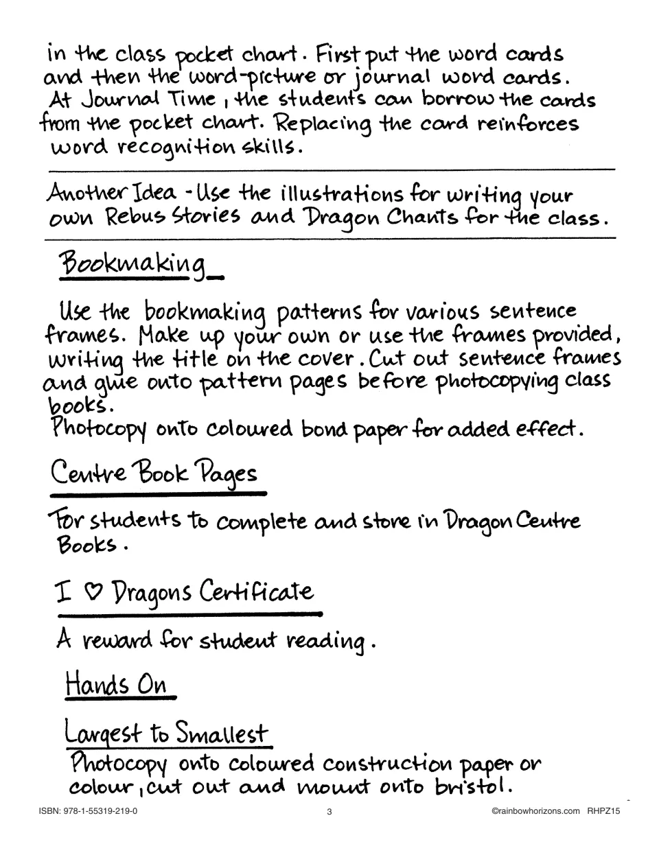 Teacher directions cover journal cards, bookmaking, center books, reading certificates, and size sorting