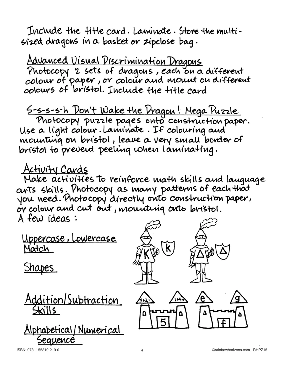 Teacher directions cover dragon matching, a mega puzzle, and activity cards for letters, shapes, and math