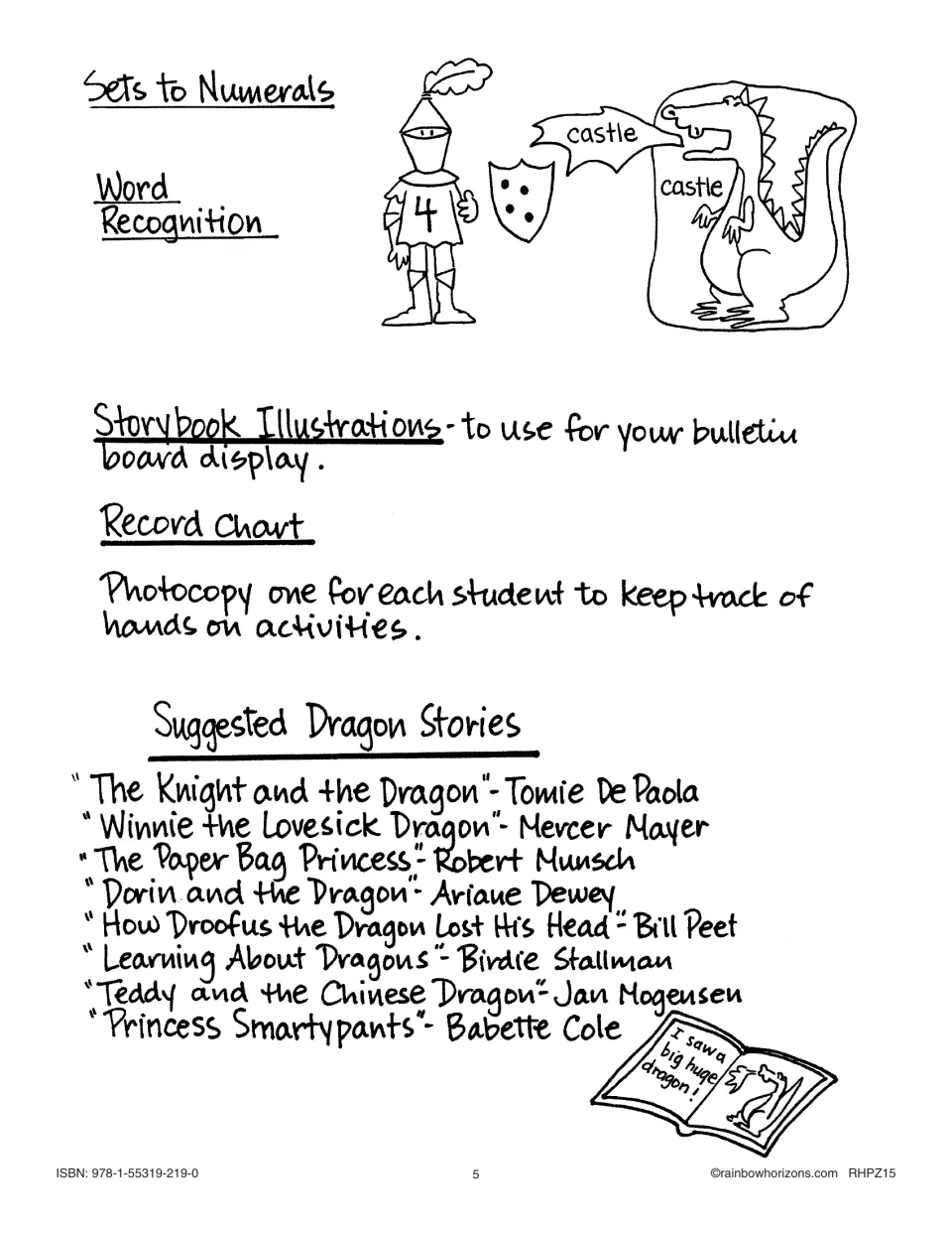 Teacher guide ends with set-to-number and word matching, display ideas, a record chart, and dragon book suggestions