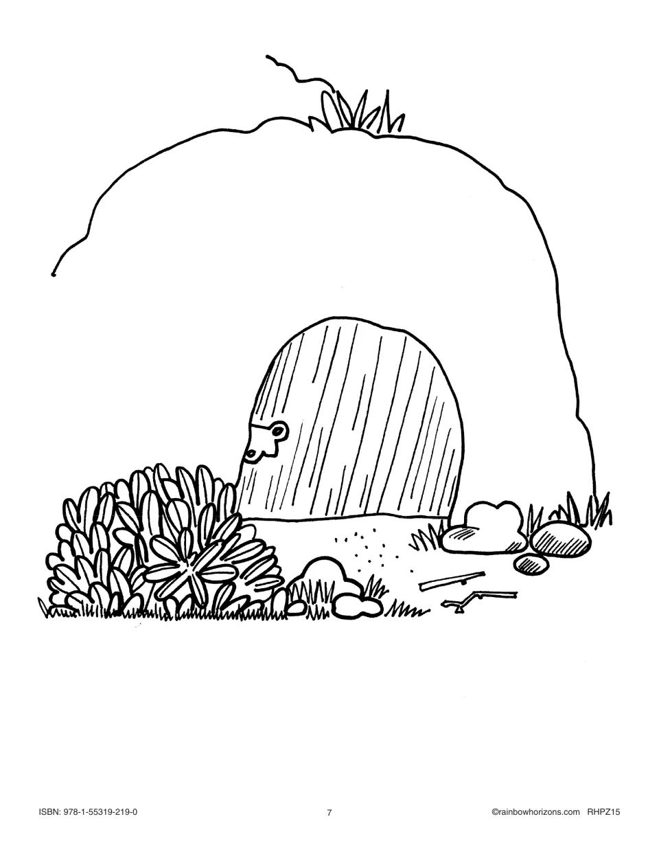 Big Book illustration pattern shows a dragon's cave entrance with a wooden door, rocks, plants, and sticks