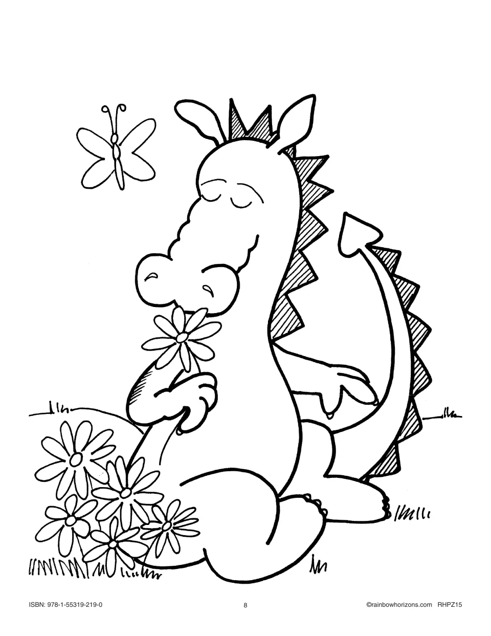 Big Book illustration pattern shows a seated dragon smelling a flower beside blossoms and a butterfly