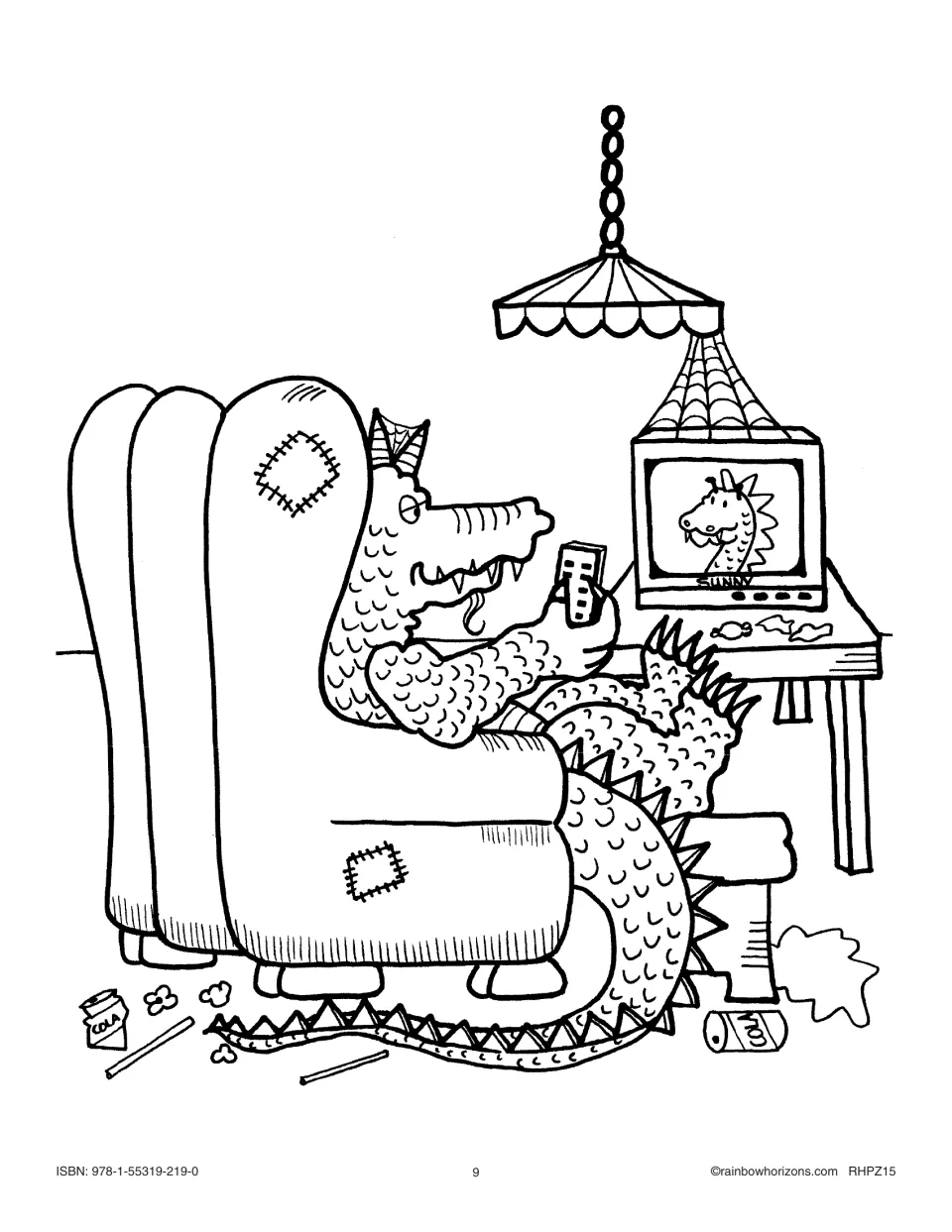 Big Book illustration pattern shows a dragon watching television in an armchair while holding a remote