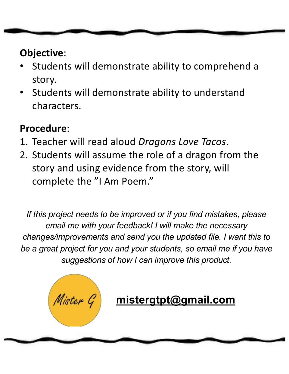 Teacher directions: objectives on story comprehension and characters, and a two-step read-aloud then poem procedure