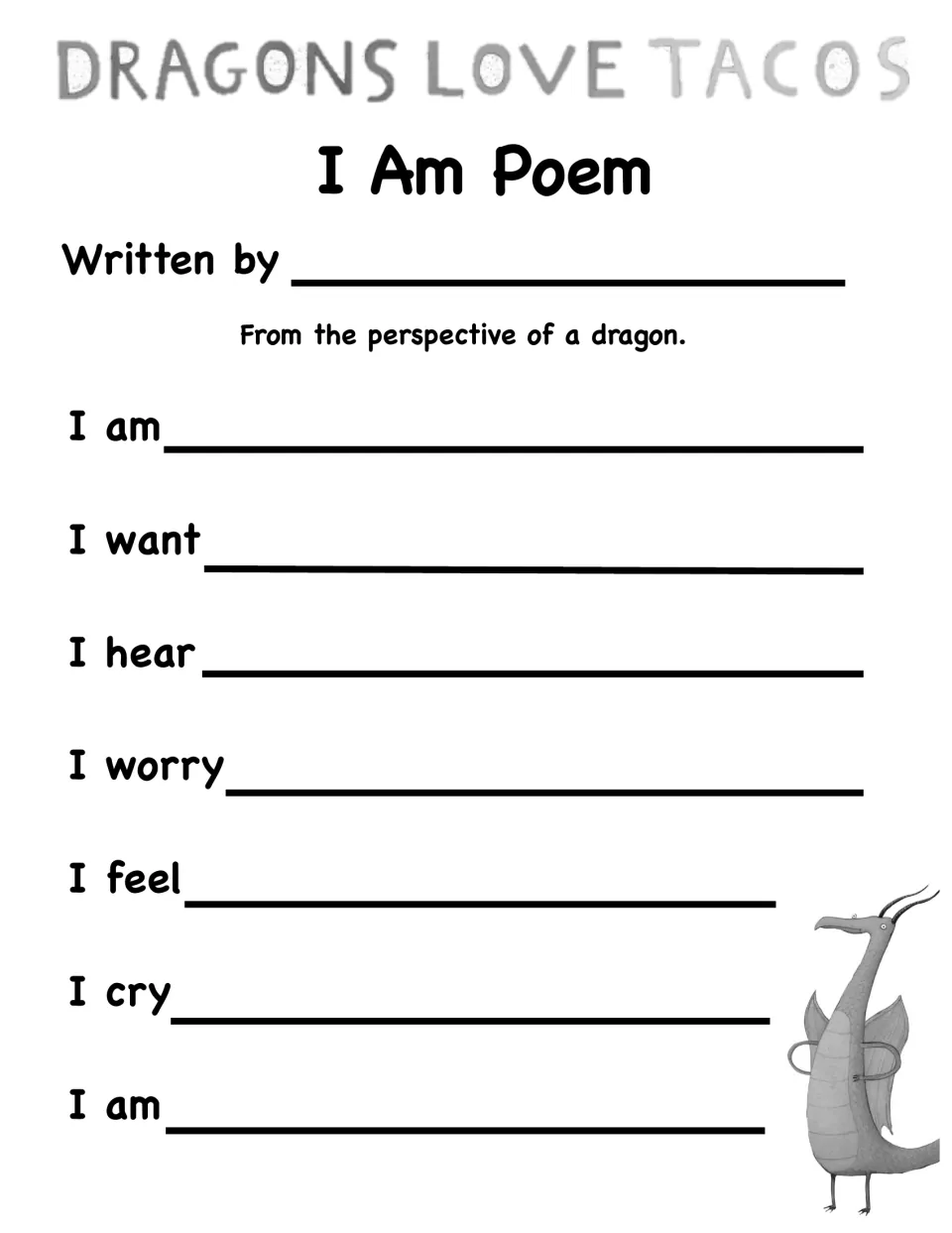 Black-and-white version of the dragon perspective poem frame with the same seven sentence starters and a Written by line