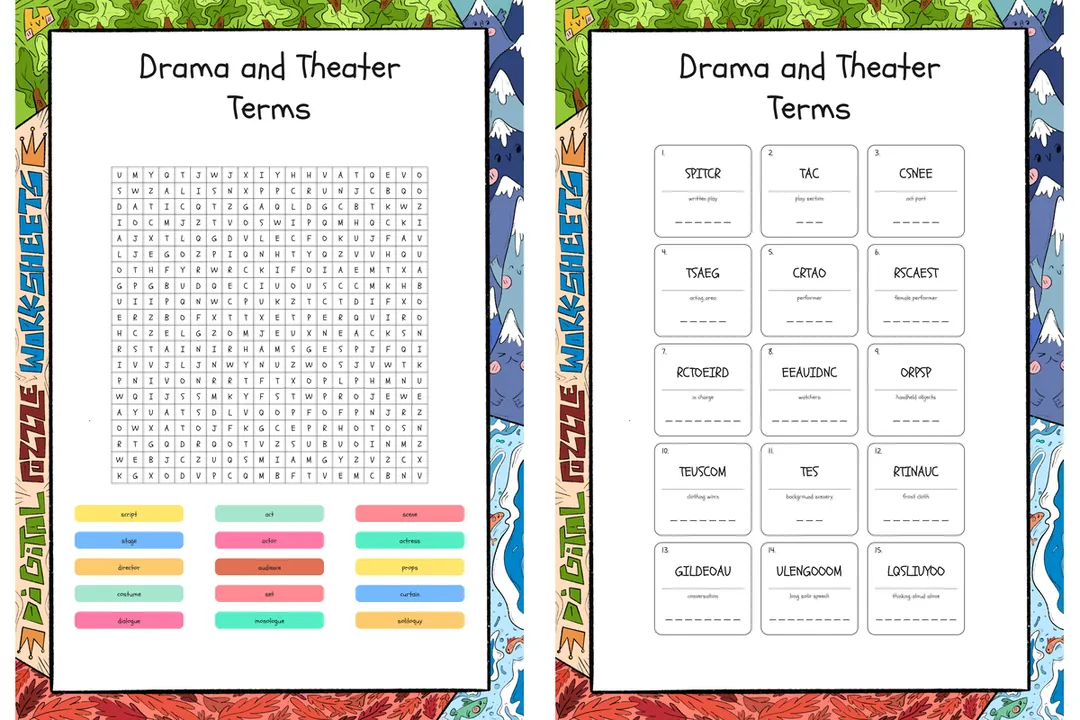 Drama and Theater Terms word search, scramble and crossword puzzle – cover