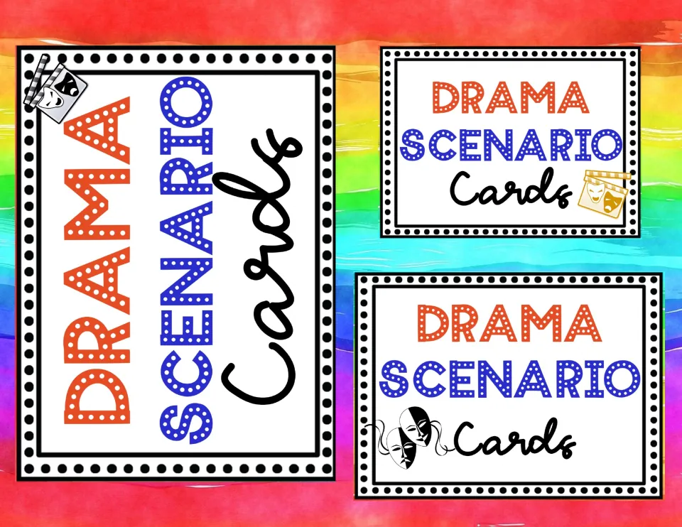 Cover: Drama Scenario Cards title shown on three header cards, one tall and two wide, decorated with theater masks