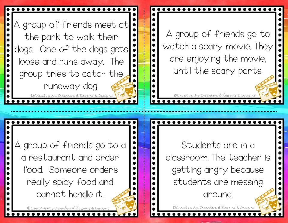 Acting prompts: students act out four scenes, a runaway dog, a scary movie, spicy restaurant food and an angry teacher