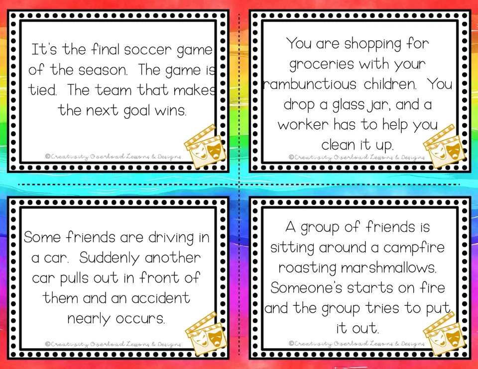 Scenario cards for role-play: a tied soccer final, a dropped jar while shopping, a near car crash and a campfire mishap