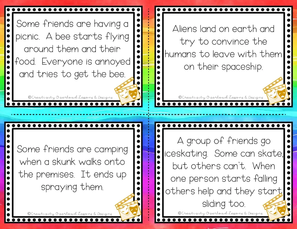 Four acting prompts: a bee at a picnic, aliens recruiting humans, a skunk at a campsite and friends falling on the ice