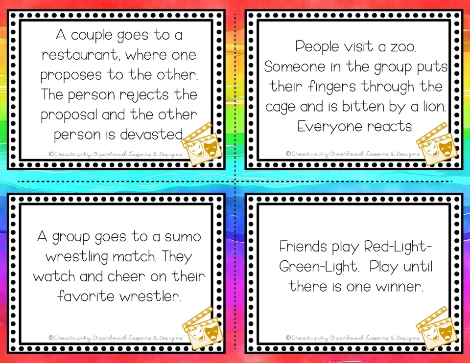 Role-play cards: a rejected proposal at a restaurant, a lion bite at the zoo, a sumo match crowd and Red-Light-Green-Light