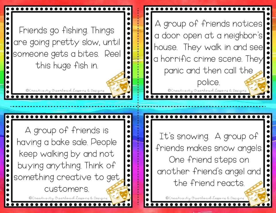Acting scenarios: a big fish on the line, a crime scene next door, a bake sale with no customers and a trampled snow angel