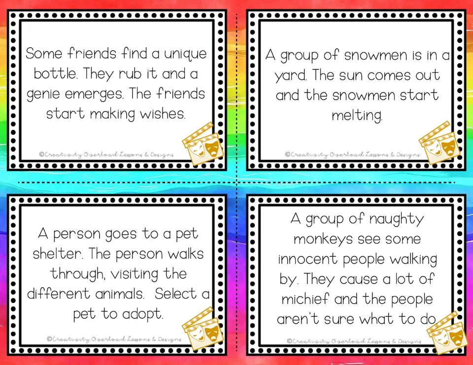 Scenario prompts: a genie granting wishes, melting snowmen, choosing a pet at a shelter and monkeys pranking passersby