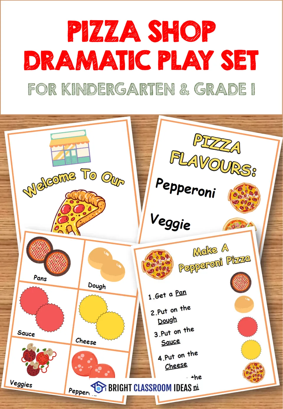 Pizza Shop Dramatic Play Set cover for Kindergarten & Grade 1, showing welcome sign, flavours menu, ingredient cards