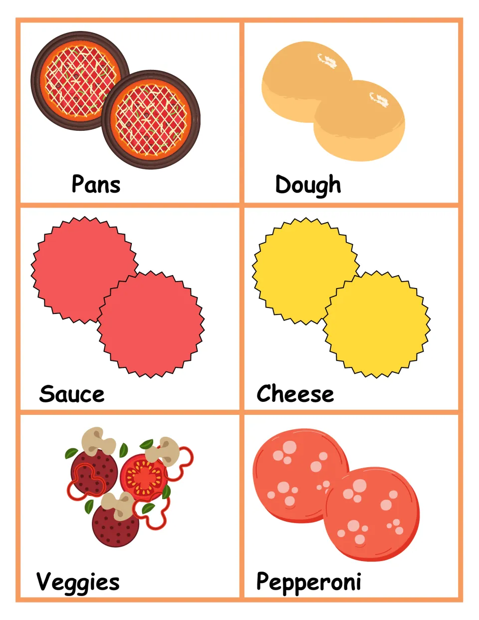 Pizza ingredient picture cards labeled Pans, Dough, Sauce, Cheese, Veggies and Pepperoni for building pretend pizzas