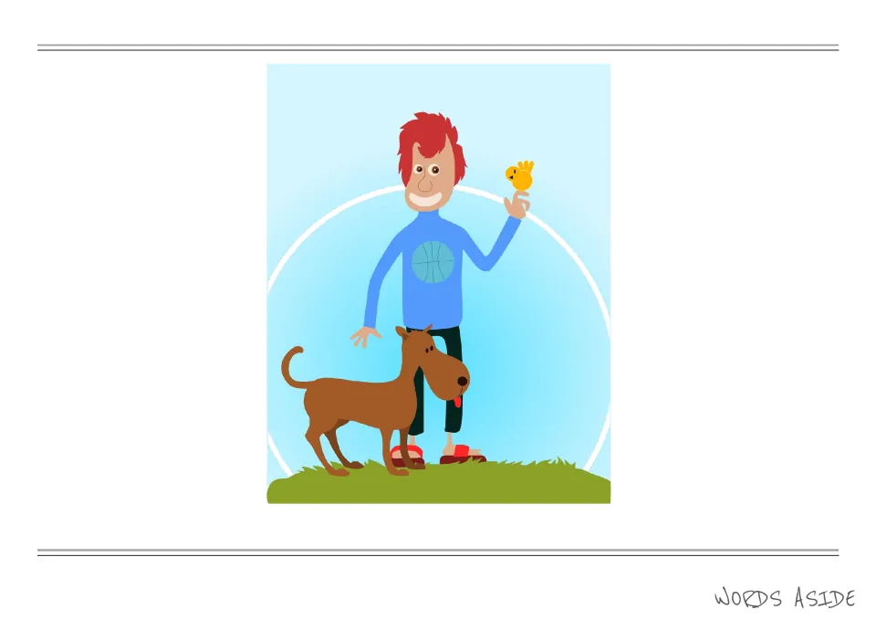 Opening illustration in the story-writing packet: a boy holding a yellow bird stands beside a brown dog