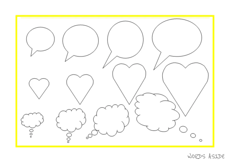 Story-writing shape templates: four speech bubbles, four hearts, and four thought bubbles in varied sizes